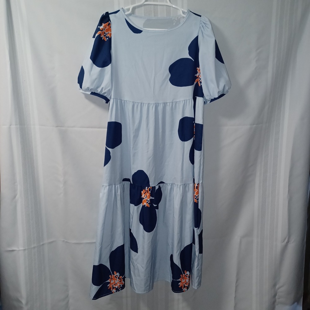 SHEIN Dress Womens S Blue Floral Puff Sleeve Tiered Smock Babydoll Mini